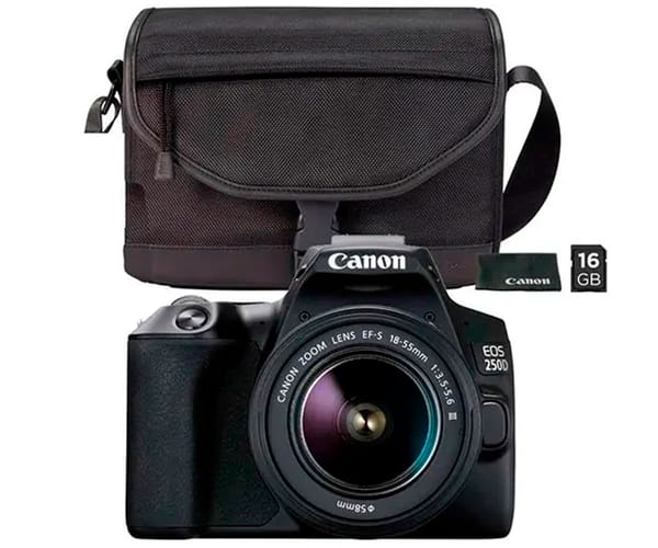 CANON KIT EOS 250D NEGRO CÁMARA REFLEX 24.1MP 4K WIFI BLUETOOTH + OBJETIVO EF-S 15-55mm + BOLSA + SD 16GB